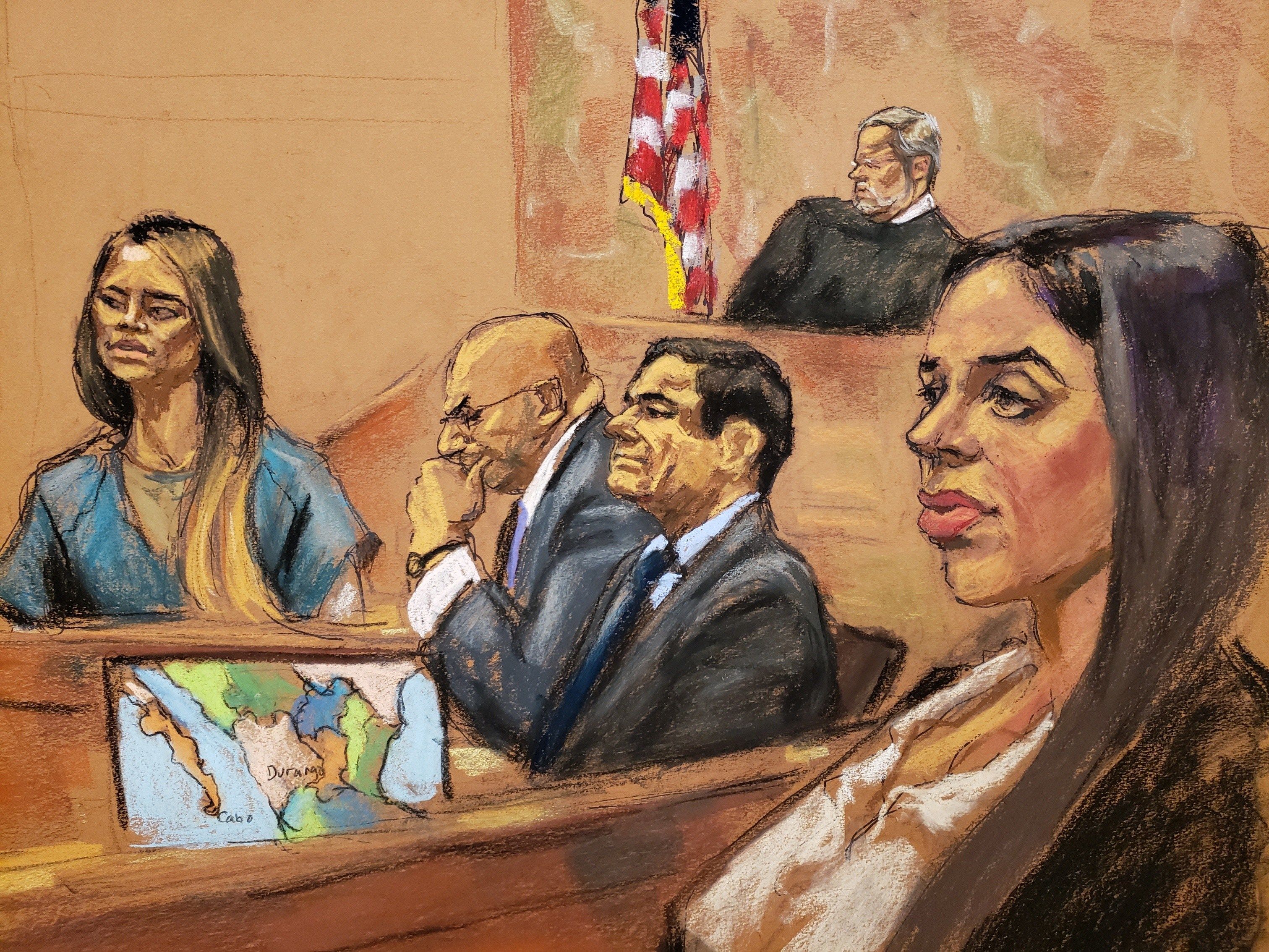 Ilustración artística de la Chapodiputada, Lucero Sánchez (al fondo), durante su "declaración de amor", que fue presenciada por la esposa del Chapo, Emma Coronel. (Foto Prensa Libre: EFE)