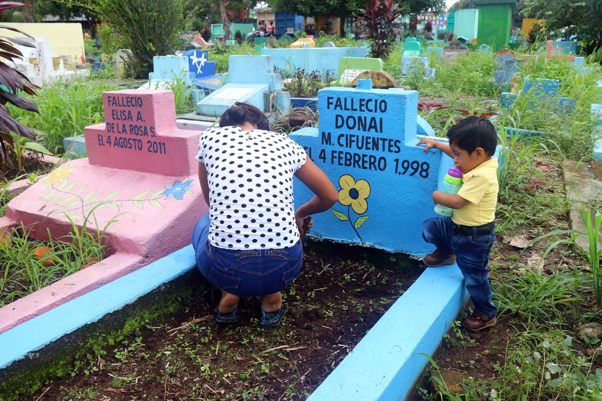 Una mujer acompañada de su hijo visitan la tumba de su padre en el cementerio de Retalhuleu (Foto Prensa Libre: Rolando Miranda)