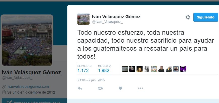 El comisionado de Cicig, Iván Velásquez, envió este mensaje a los guatemaltecos, el jueves 2 de junio, luego de destapar caso "Cooptación del Estado". (Foto Prensa Libre: Twitter)