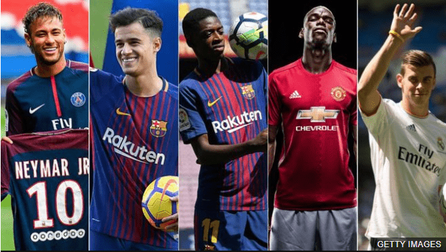 Neymar, Coutinho, Dembélé, Pogba y Bale, los cinco jugadores más caros de la historia. (Foto Prensa Libre: BBC Mundo)