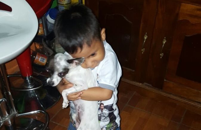 Uno de los niños de la familia Ávila Acosta jugaba con su mascota, Pepe. (Foto Prensa Libre: Cortesía)