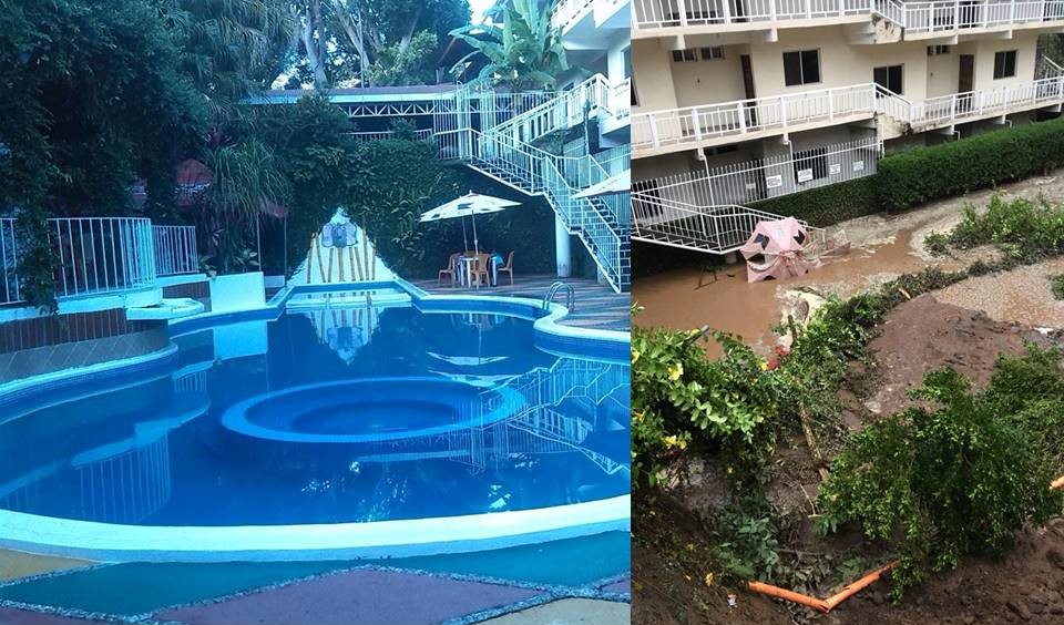 Inundación en hotel Alba, en Mazatenango, Suchitepéquez, causó graves daños el jueves último. (Foto Prensa Libre: Facebook)