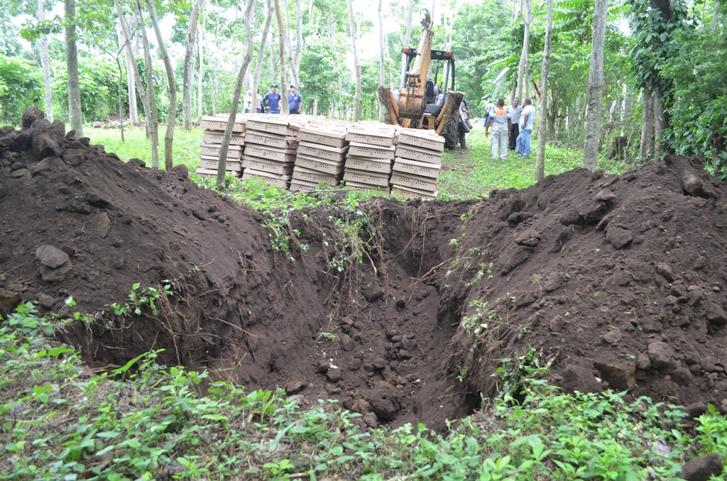 Personal del Maga entierra cajas con pollos ingresadas de contrabando y decomisadas en Retalhuleu. (Foto Prensa Libre: Jorge Tizol)