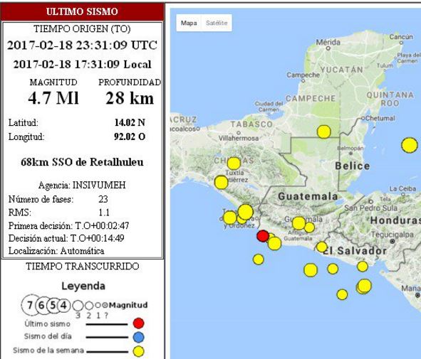 El sismo de magnitud 4.7  fue sensible a las 17.31 horas este sábado. Foto: Insivumeh