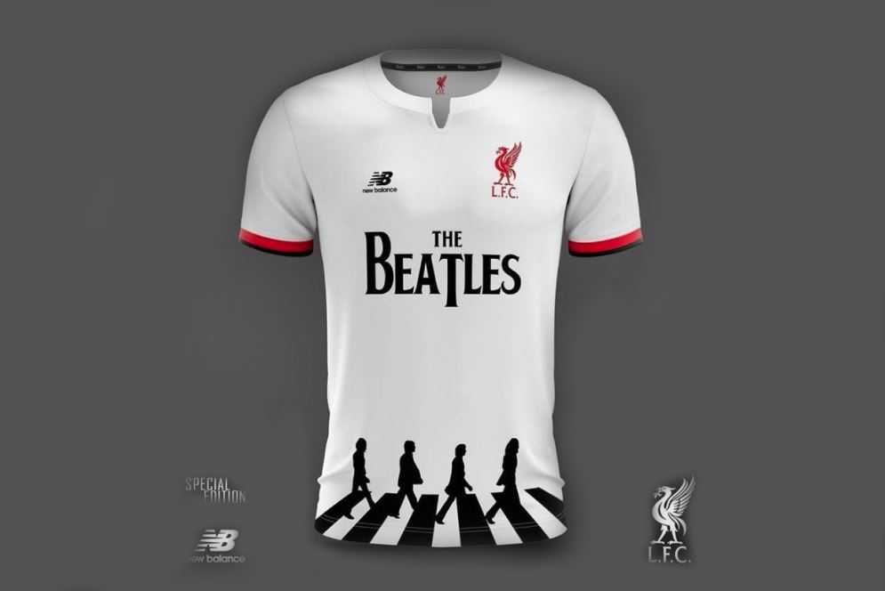 Este sería el diseño de la camisa del Liverpool en homenaje a los Beatles. (Foto Prensa Libre: Twitter)