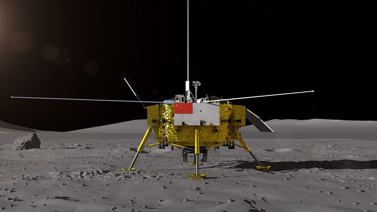 Recreación artística del alunizaje de la sonda china Chang'e 4. (Foto Prensa Libre: EFE)