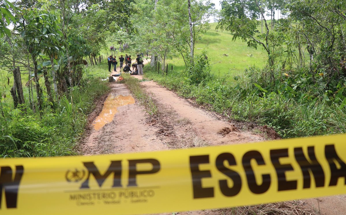 Peritos del Ministerio Público trabajan en el camino a Manaca, Puerto Barrios, Izabal, donde hallaron los cuerpos de tres jóvenes. (Foto Prensa Libre: Dony Stewart)