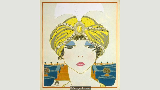 Una ilustración de Georges Lepape de 1911 muestra un turbante de Poiret que evoca el lujo del Art Déco y la decadencia de la visión del diseñador. (Foto: Georges Lepape)GEORGES LEPAPE