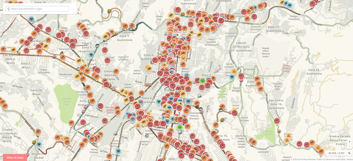Panorama del tránsito vehicular en área metropolitana, según reportes de Waze.