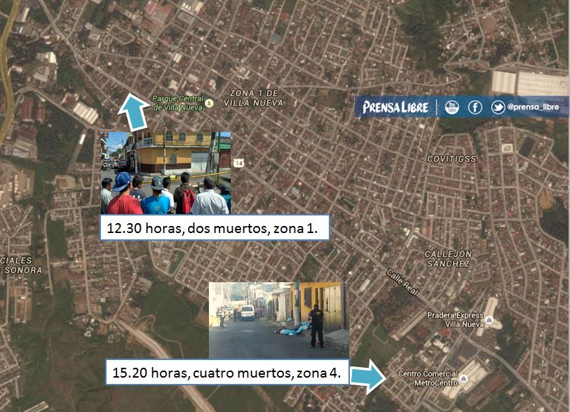 Seis hombres perdieron la vida este lunes en dos ataques armados en la zona 1 y 4 de Villa Nueva. (Infografía Prensa Libre)