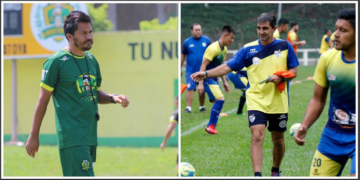 Amarini Villatoro, técnico de Guastatoya y el técnico de Cobán Imperial, Fabricio Benítez se enfrentarán hoy. (Fotos Prensa Libre: Hugo Oliva y Eduardo Sam)