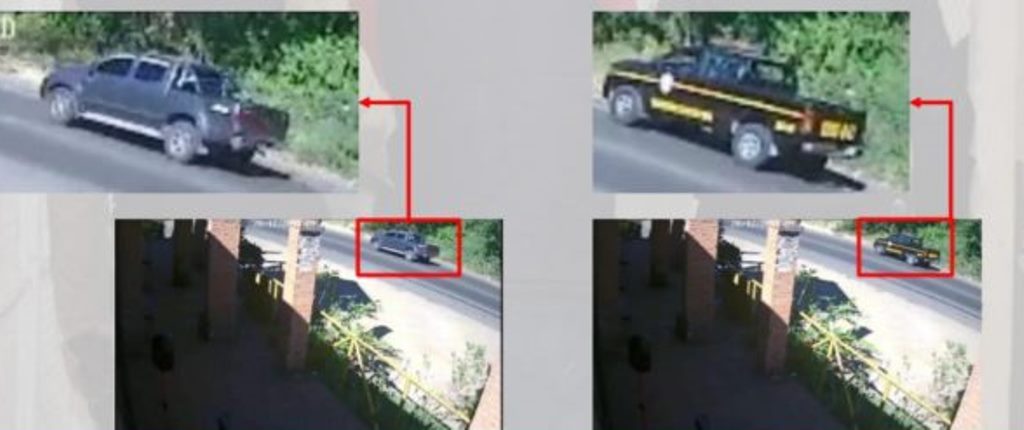 Capturas de imagen de video que muestran el vehículo de los agraviados -izquierda- y el autopatrulla en la que se conducían los agentes Guerra y García. (Imagen proporcionada por la PNC)
