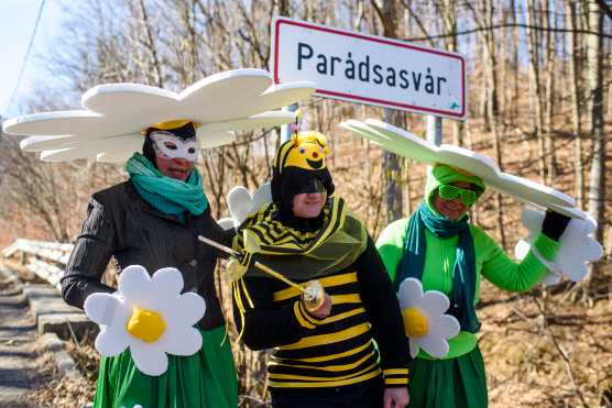 Los juerguistas disfrazados participan en el carnaval de 'afeitado' celebrado en Paradsasvar, Hungría. EFE