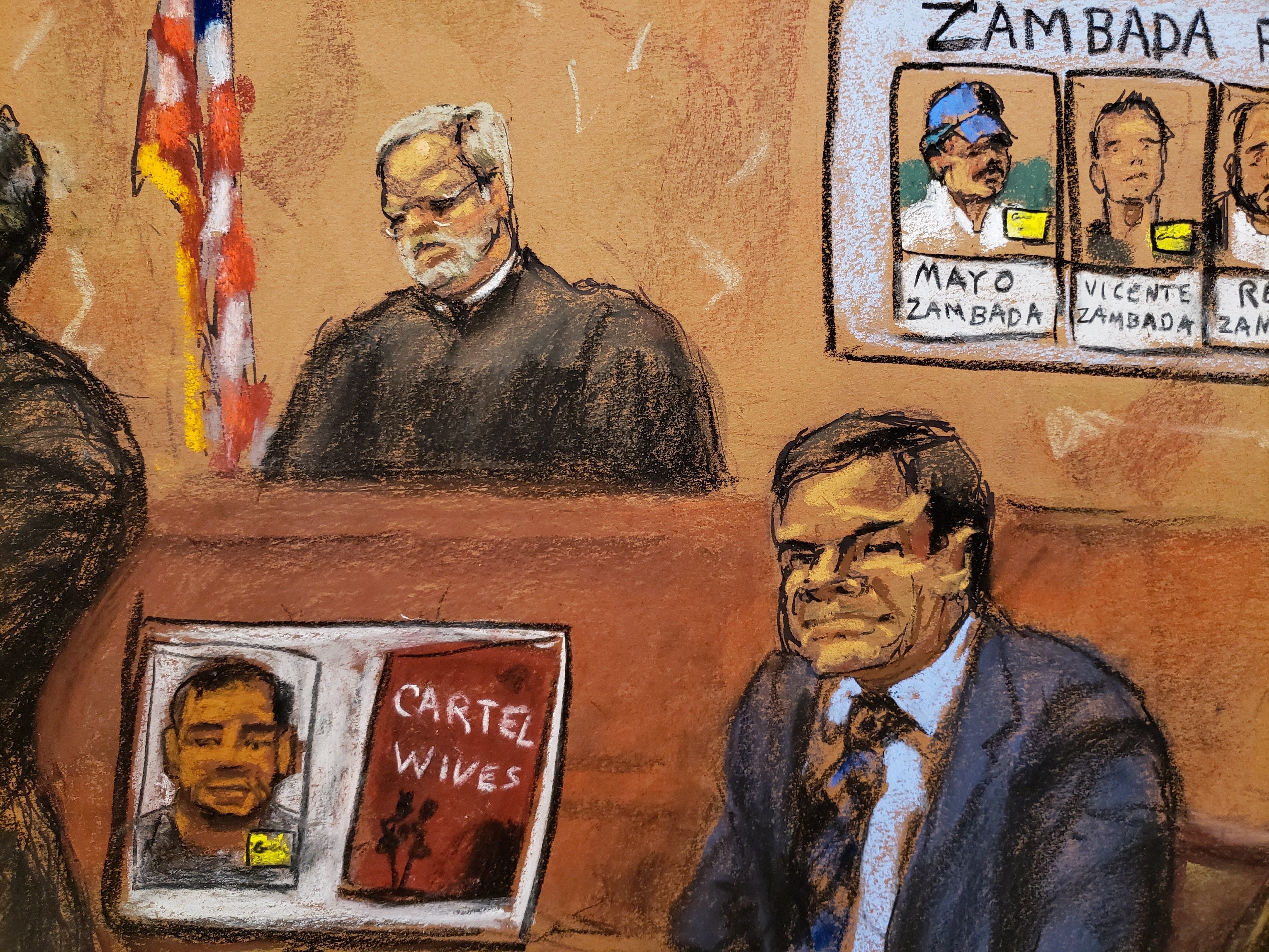 Dibujo realizado por la artista Jane Rosenberg donde aparece el mexicano Joaquín "El Chapo" Guzmán durante el juicio en su contra en Nueva York. (Foto Prensa Libre: Hemeroteca PL)