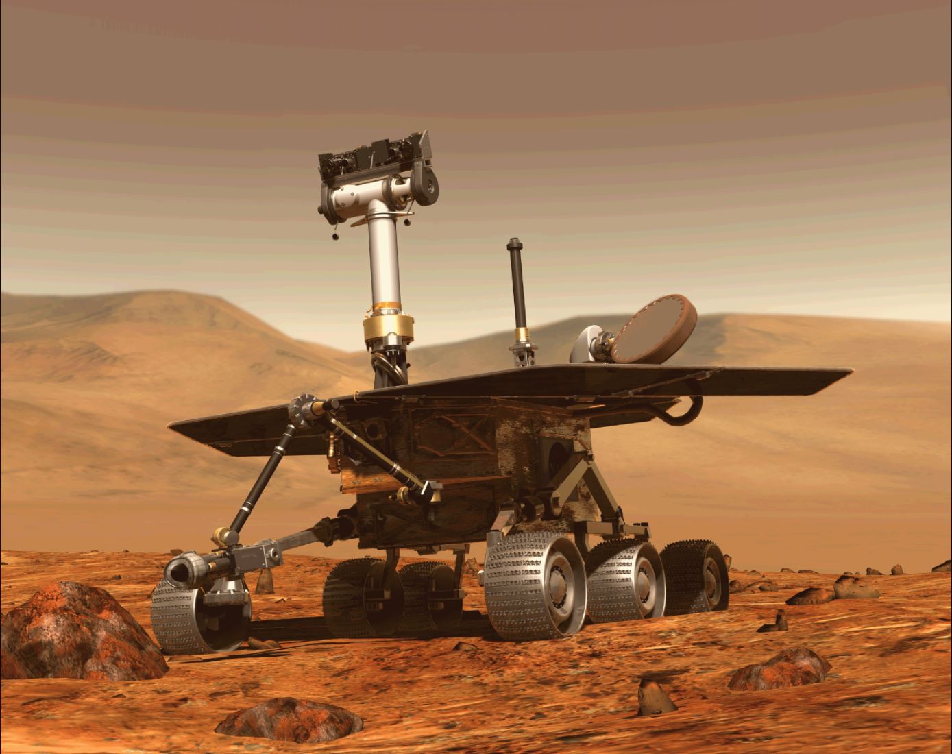 Imange por computador del robot Opportunity en pleno recorrido por el planeta rojo. (Foto Prensa Libre: AFP)