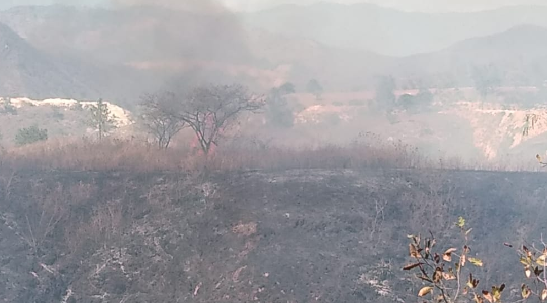 Incendio forestal que se registra en el km 27.5 de la ruta al Atlántico. (Foto Prensa Libre: Conred). 