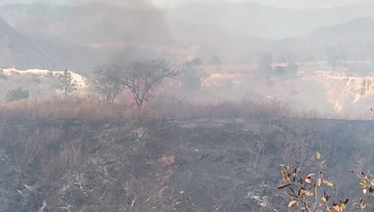 Incendio forestal que se registra en el km 27.5 de la ruta al Atlántico. (Foto Prensa Libre: Conred). 