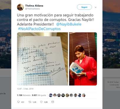 Thelma Aldana publicó la dedicatoria que le hizo el presidente electo de El Salvador, Nayib Bukele. 