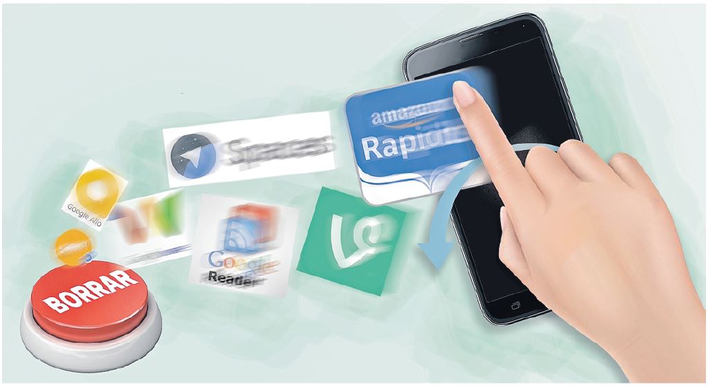 Gigantes tecnológicos como Google, Facebook o Amazon también sufrieron desilusiones y pérdidas monetarias con algunas de sus apuestas y lo mismo les sucede a otras empresas emergentes que a pesar de ser buenas ideas no logran la aceptación deseada.  (Ilustración Prensa Libre: Marco Flores)