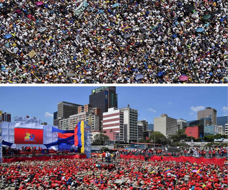 Opositores (arriba) y oficialistas marchan en calles de Caracas. (Fotos Prensa Libre: AFP)