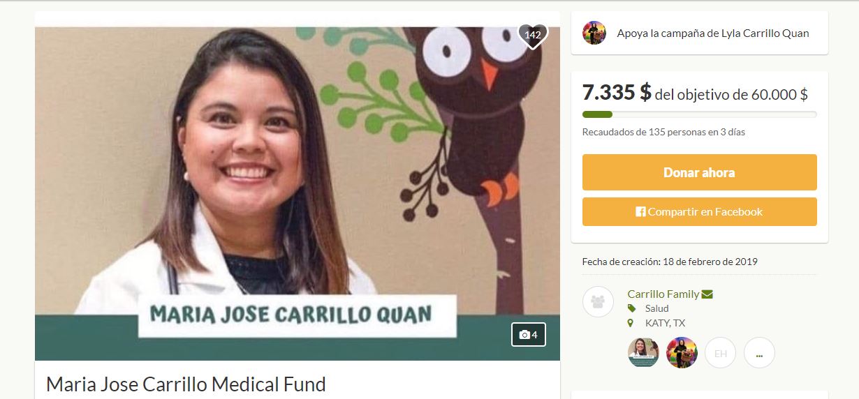 Esta es la página en la que se abrió la campaña de donación para María José Carrillo. 