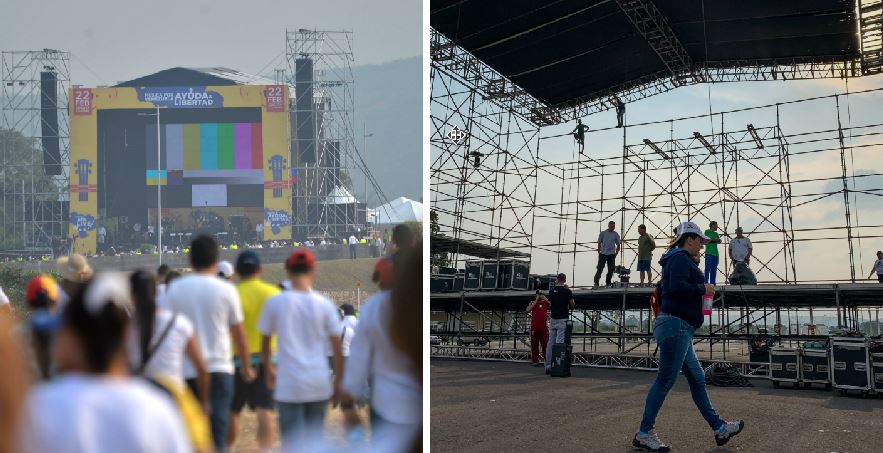 A la izquierda el escenario donde se presentarán artistas con el objetivo de recaudar ayuda humanitaria a Venezuela, en Cúcuta, Colombia. A la derecha el que instaló la oposición en Ureña, Venezuela. (Foto: Agencias)