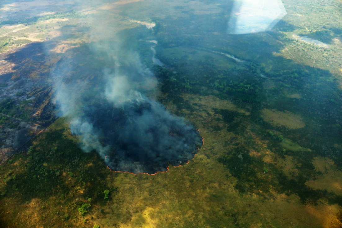 En un sobrevuelo sobre el Parque Nacional Laguna del Tigre en Petén se observa como un incendio destruye grandes extensiones. (Foto Prensa Libre: Cortesía Conap)