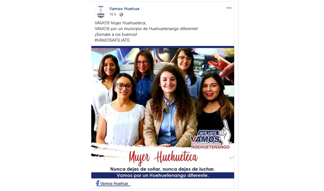 Imagen de Facebook que invita a las mujeres de Huehuetenango afiliarse a Vamos. (Foto Prensa Libre: Tomada de Facebook).