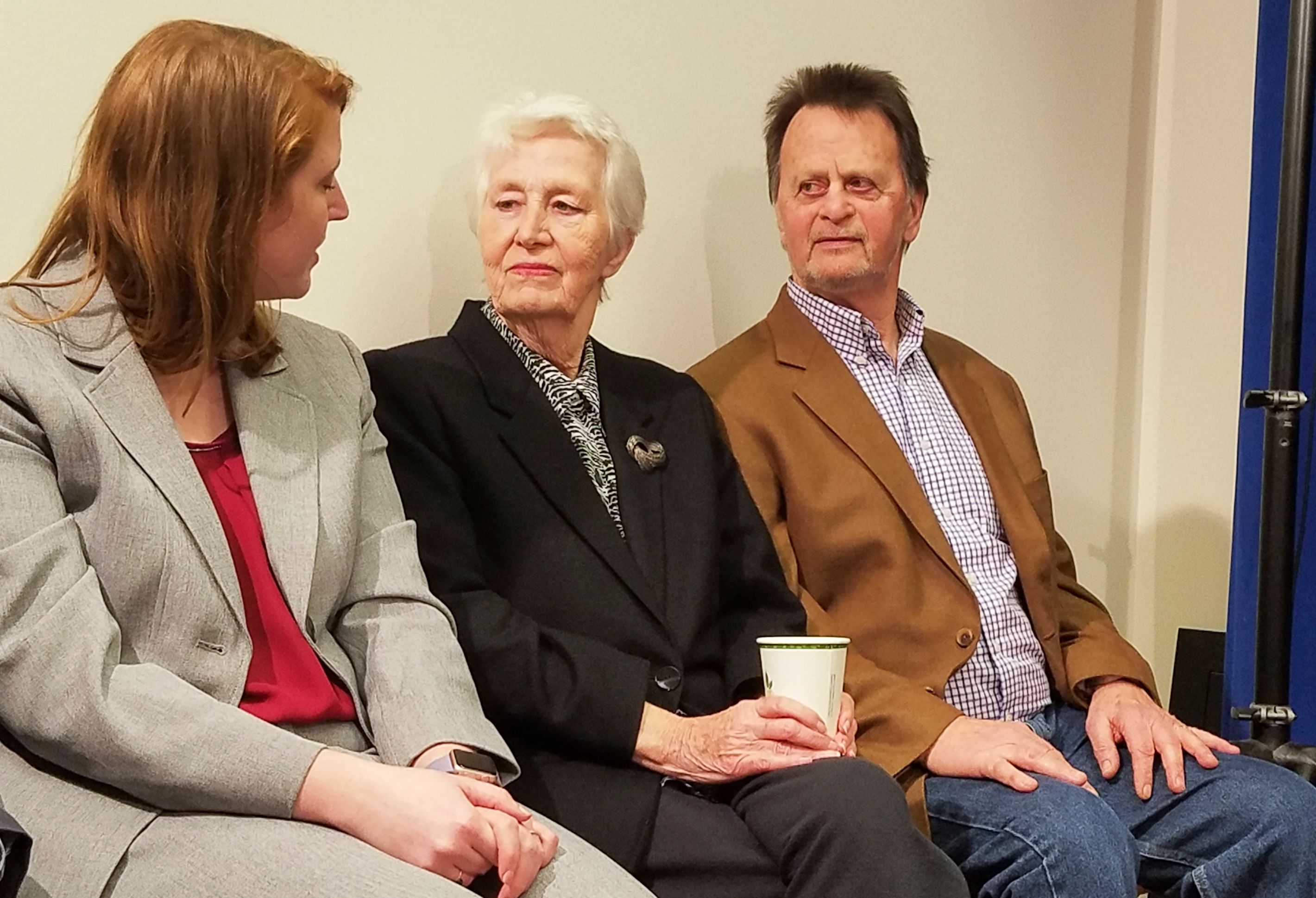Edwin Hardeman (R) looks on next to his wife  Mary Hardeman (C) before giving a press conferece after winning his case against Monsanto in San Francisco, California on March 27, 2019. - Monsanto was ordered to pay some USD 81 million to an American retiree who blames his cancer on the agribusiness giant's weedkiller Roundup. A San Francisco jury found the firm had been "negligent by not using reasonable care" to warn of the risks of its product, ordering it to pay Edwin Hardeman USD 75 million in punitive damages,  USD 5.6 million in compensation and USD 200,000 for medical expenses. (Photo by Julie CHARPENTRAT / AFP)
