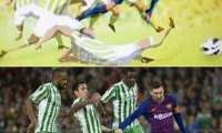(COMBO) This combination of pictures created on March 23, 2019 shows (top) painting of Bangladeshi architect Suhas Nahian, 29, in Dhaka on March 23, 2019 (down) Barcelona's Argentinian forward Lionel Messi (R) shoots to score a goal during the Spanish league football match between Real Betis and FC Barcelona at the Benito Villamarin stadium in Seville on March 17, 2019. - A young Bangladeshi architect has earned fame after a digital picture of footballer Lionel Messi he drew has been matched eerily perfectly in real life six years later. (Photos by MUNIR UZ ZAMAN and JORGE GUERRERO / AFP) / RESTRICTED TO EDITORIAL USE - MANDATORY MENTION OF THE ARTIST UPON PUBLICATION - TO ILLUSTRATE THE EVENT AS SPECIFIED IN THE CAPTION