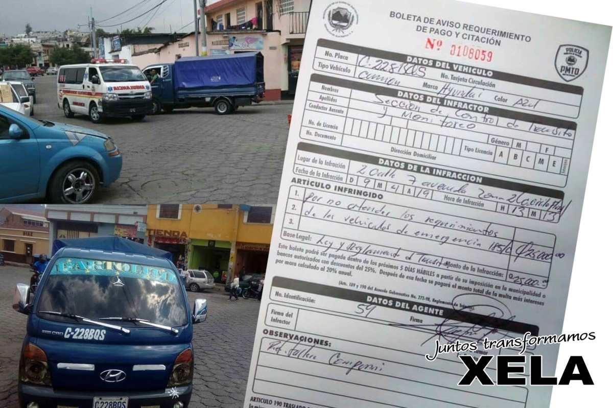 La Policía de Tránsito de Xela informó que sancionó al piloto del camión por obstruir el paso a la ambulancia conforme a la Ley de Tránsito. (Foto Prensa Libre)