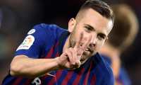 Barcelona's Spanish defender Jordi Alba celebrates scoring his team's second goal during the Spanish league football match between FC Barcelona and Real Sociedad at the Camp Nou stadium in Barcelona on April 20, 2019. (Photo by PAU BARRENA / AFP)