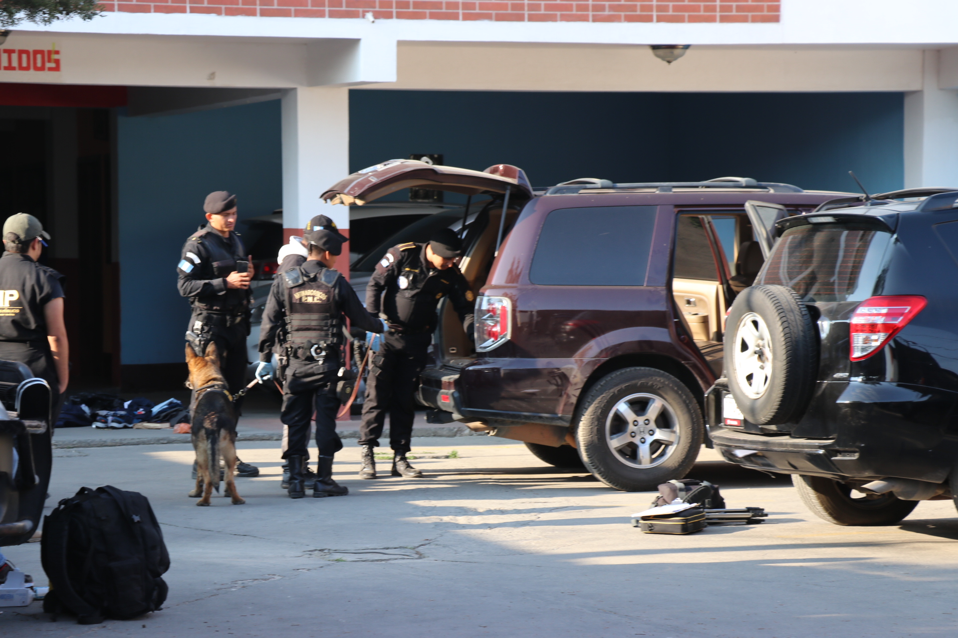 Agentes de la PNC con apoyo de la Unidad Canina revisan una de las camionetas donde se ubicaron paquetes con droga. (Foto Prensa Libre: Héctor Cordero)