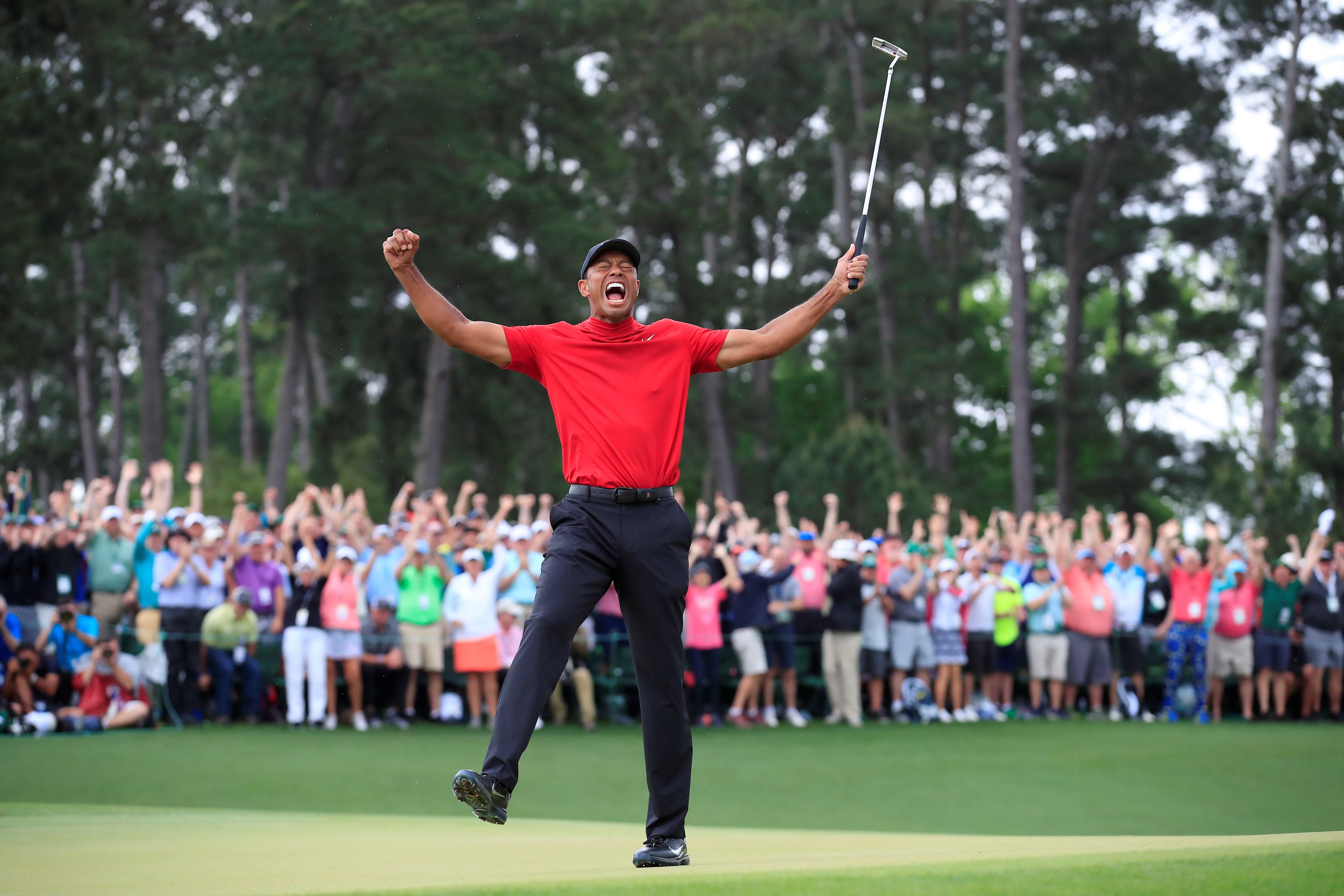 -FOTODELDIA- Tiger Woods of the US celebrates winning the 2019 Masters Tournament at the Augusta National Golf Club in Augusta, Georgia, USA, 14 April 2019. The 2019 Masters Tournament is held 11 April through 14 April 2019. EPA/TANNEN MAURY