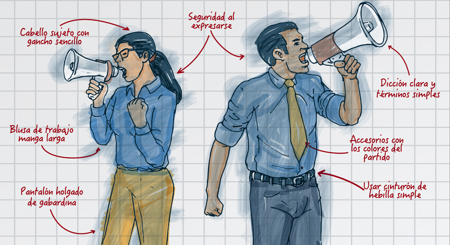 Cada uno de los candidatos   busca la forma de ser reconocido por sus simpatizantes y potenciales votantes. Cada detalle cuenta en ese proceso y el vestuario es una manera de proyectar un mensaje, que invita a las personas a sentirse o no identificadas con ellos. (Ilustración Prensa Libre: Alejandro Sosa).