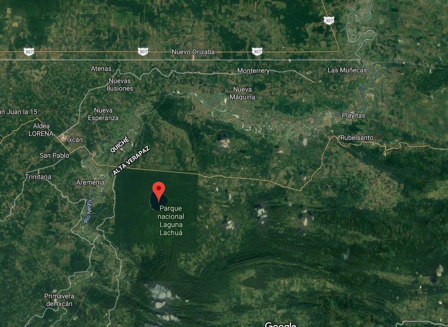 La retención se registra cerca del Parque Nacional Laguna Lachuá, Cobán, Alta Verapaz. (Foto Prensa Libre: GoogleMaps).

