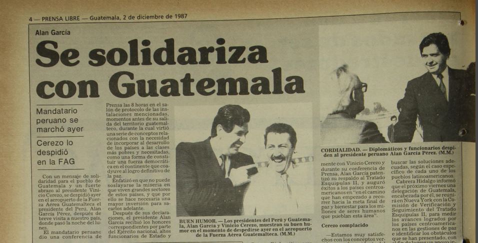 Publicación de Prensa Libre del 2 de diciembre de 1987, donde se destaca la visita de Alan García. (Foto Prensa Libre: Hemeroteca PL)