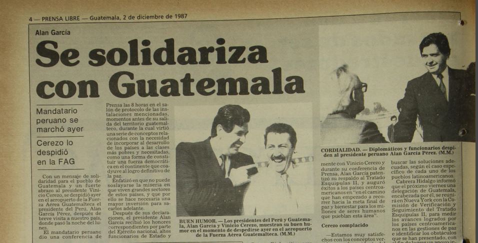Publicación de Prensa Libre del 2 de diciembre de 1987, donde se destaca la visita de Alan García. (Foto Prensa Libre: Hemeroteca PL)