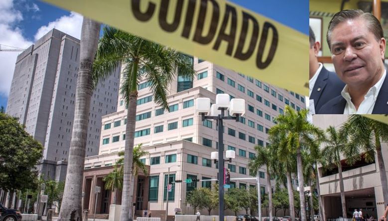 Vista este jueves del edificio de justicia James Lawrence King donde se llevó a cabo la audiencia de este martes por el caso que se sigue en contra de Mario Estrada (inserto). (Foto Prensa Libre. EFE)