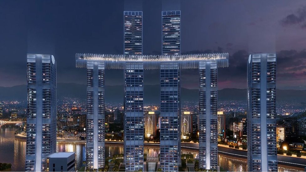 Con una iluminación que promete ser espectacular, el conjunto de edificios cambió el 'skyline' de la ciudad de Chongqing. (Foto Prensa Libre: CapitaLand)