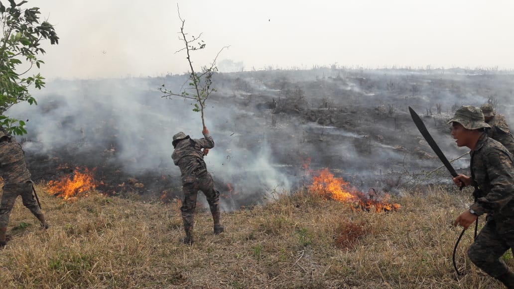 Las bridas del Ejército combaten los incendios forestales en el norte de Petén. (Foto Prensa Libre: Ejército de Guatemala)