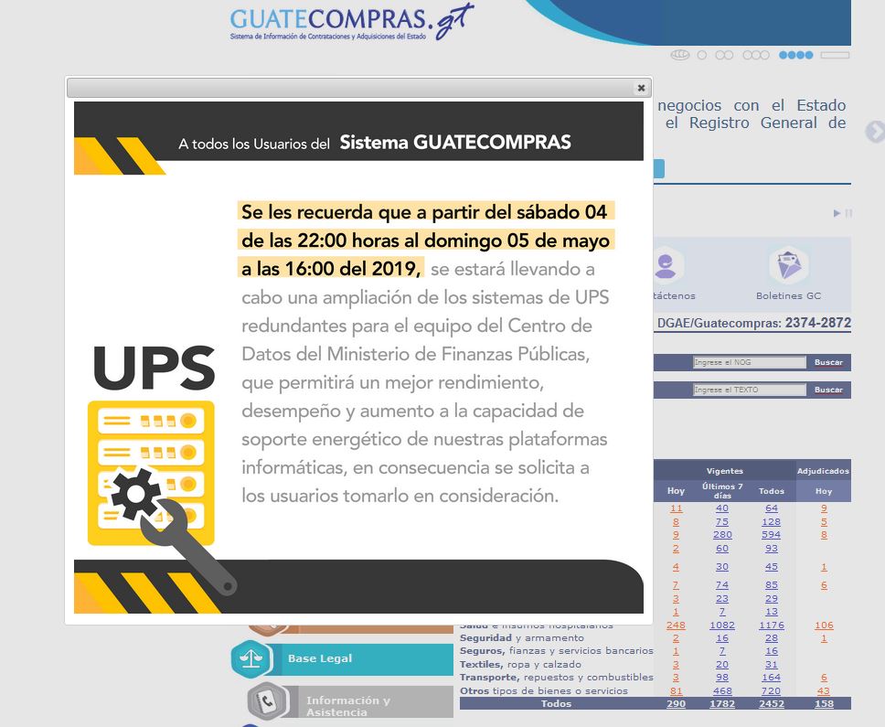 Aviso en la página de Guatecompras, sobre el funcionamiento irregular. (Foto Prensa Libre: Internet)