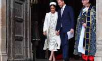 (FILES) In this file photo taken on March 11, 2019 Britain's Prince Harry, Duke of Sussex (C) and Meghan, Duchess of Sussex (L) leave after attending a Commonwealth Day Service at Westminster Abbey in central London, on March 11, 2019. - Prince Harry and his wife Meghan's baby will be a girl called Diana born at home early next month -- or so say the odds being offered by British bookmakers. (Photo by Ben STANSALL / AFP)
