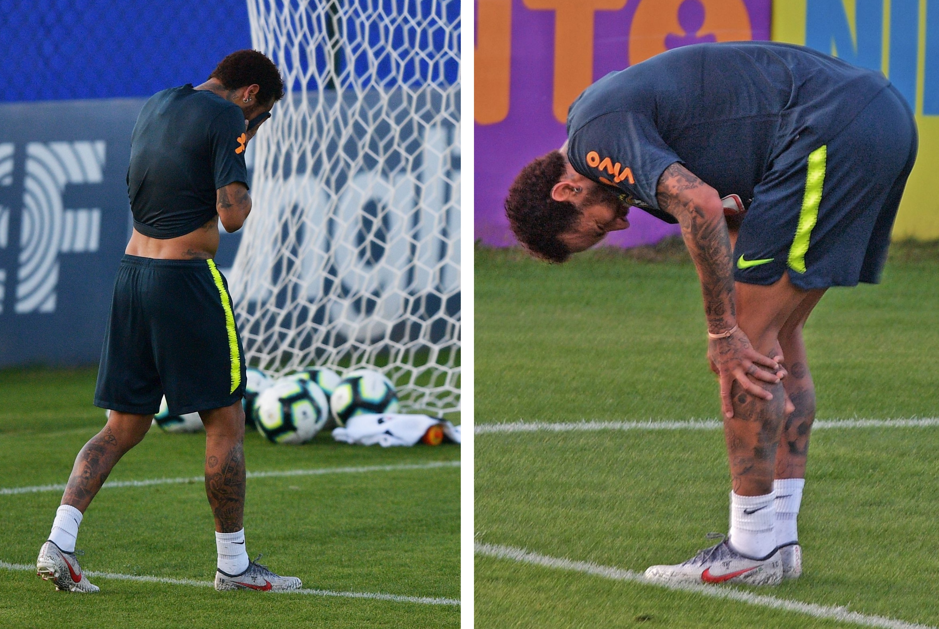Neymar sale del entrenamiento al resentirse de la lesión. (Foto Prensa Libre: AFP)