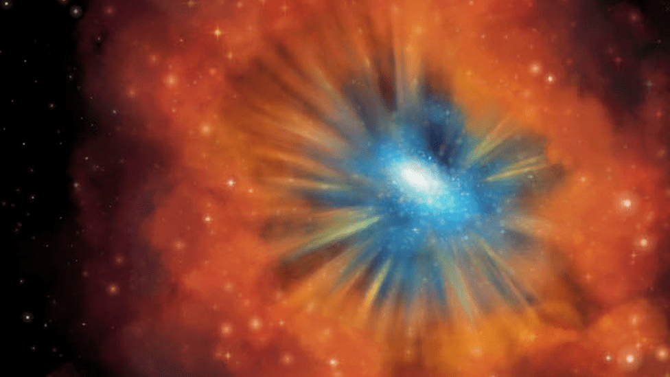 Ilustración de una galaxia con cuásar en su centro, rodeado de polvo. Se pensaba que la formación de un cuásar equivalía al fin de la capacidad de una galaxia de producir nuevas estrellas. (Foto Prensa Libre: Michelle Vigeant University of Kansas)