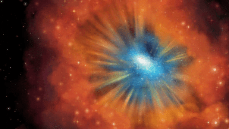 Ilustración de una galaxia con cuásar en su centro, rodeado de polvo. Se pensaba que la formación de un cuásar equivalía al fin de la capacidad de una galaxia de producir nuevas estrellas.