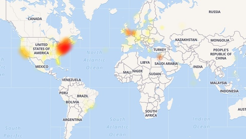Mapa de la caída de Google. (Foto Prensa Libre: downdetector.com)