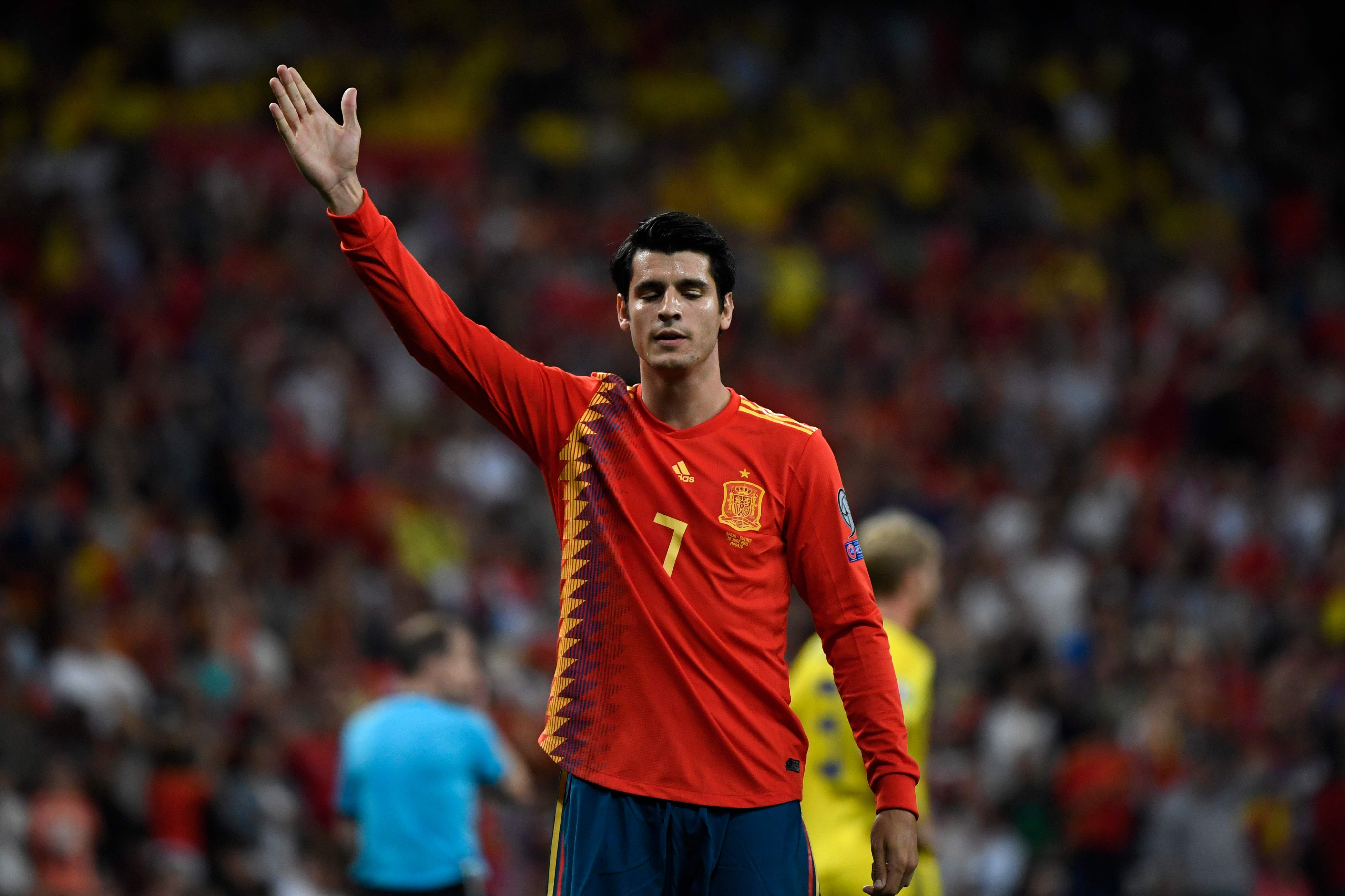 Álvaro Morata celebra al anotar en el amistoso con Suecia el 10 de junio de 2019. (Foto Prensa Libre: AFP)