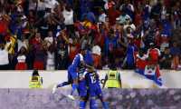 HARRISON, NJ - JUNE 24: Haiti celebrates a goal by Duckens Nazon #9 during the second half of a CONCACAF Gold Cup soccer match against Costa Rica at Red Bull Arena on June 24, 2019 in Harrison, N.J.   Adam Hunger/Getty Images/AFP
== FOR NEWSPAPERS, INTERNET, TELCOS & TELEVISION USE ONLY ==