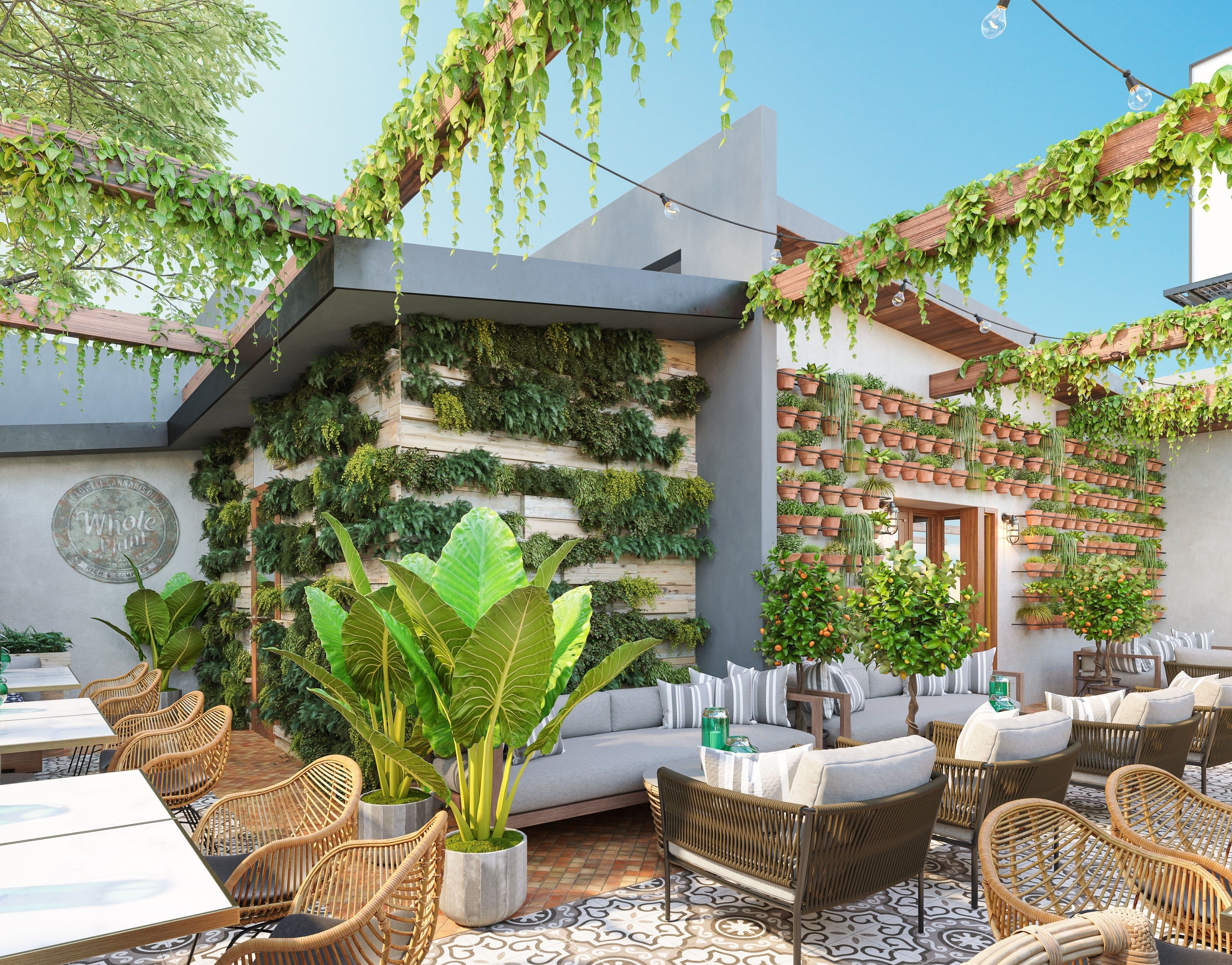 El patio de Lowell Cafe, en el que sus clientes podrán degustar diferentes productos hechos a base de cannabis. (Foto Prensa Libre: EFE)